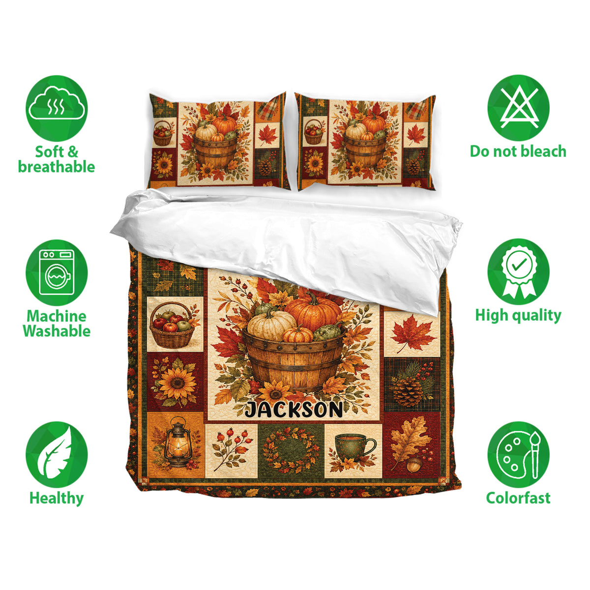 Autumn duvet cover set displayed with matching pillowcases, pumpkin harvest artwork, and soft breathable fabric icons