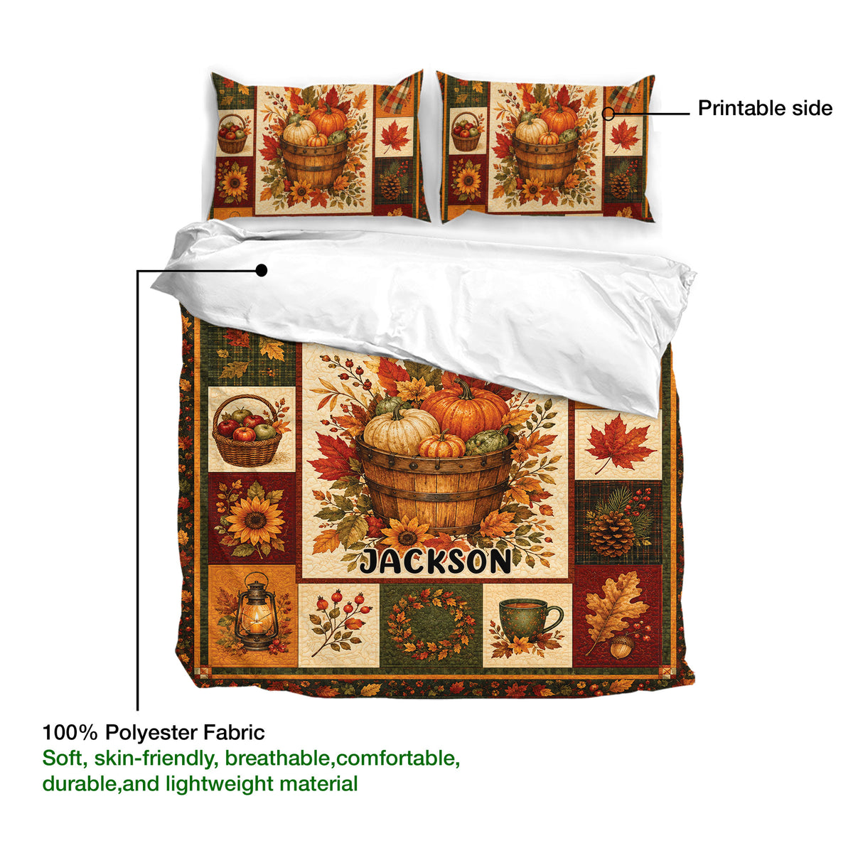 Autumn harvest duvet cover set showing the printable front side with pumpkins, leaves, and rustic seasonal artwork