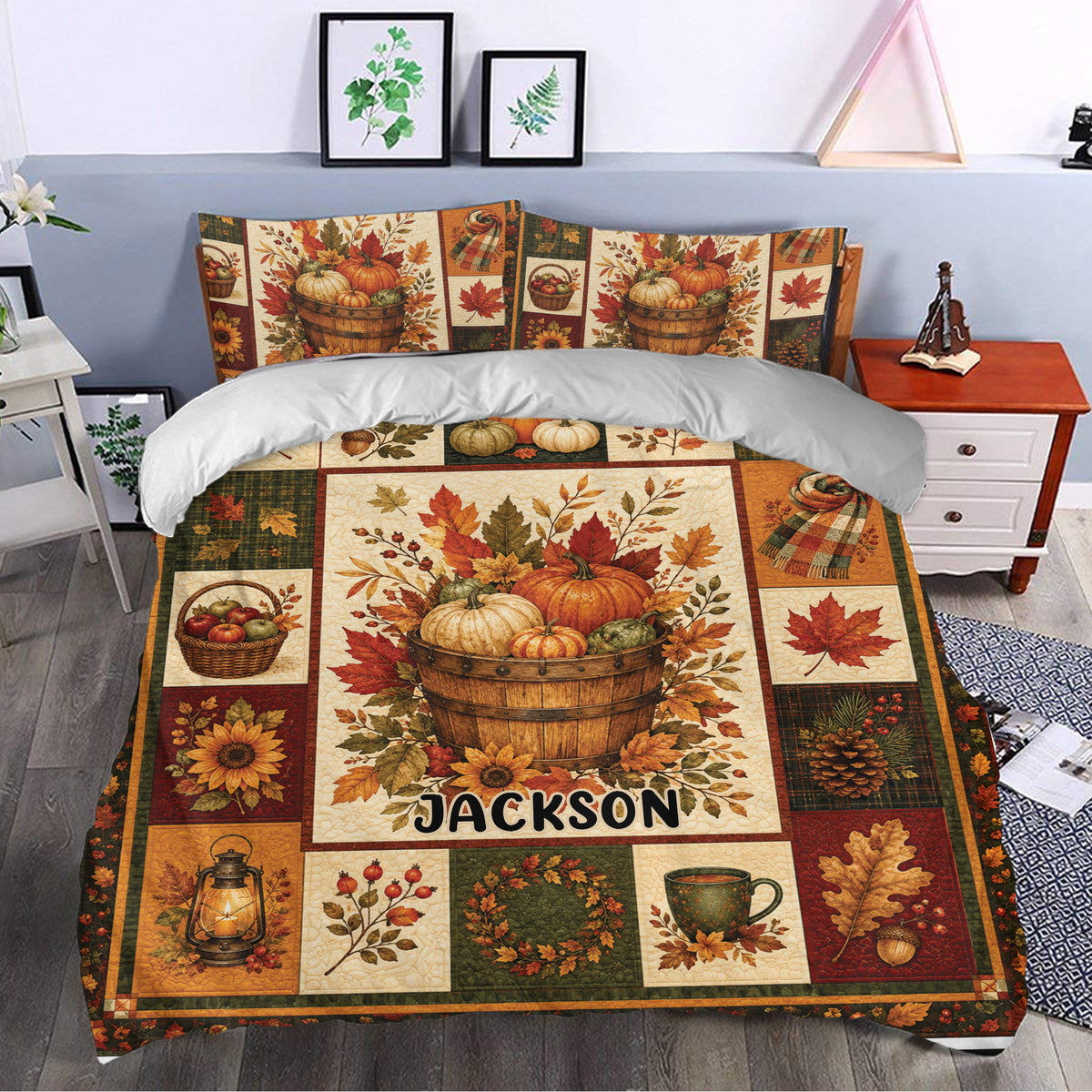 Autumn harvest duvet cover bedding set styled in a bedroom with pumpkins, maple leaves, and cozy decor