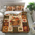 Autumn pumpkin and maple leaf duvet cover set presented in a bright bedroom with matching patterned pillowcases