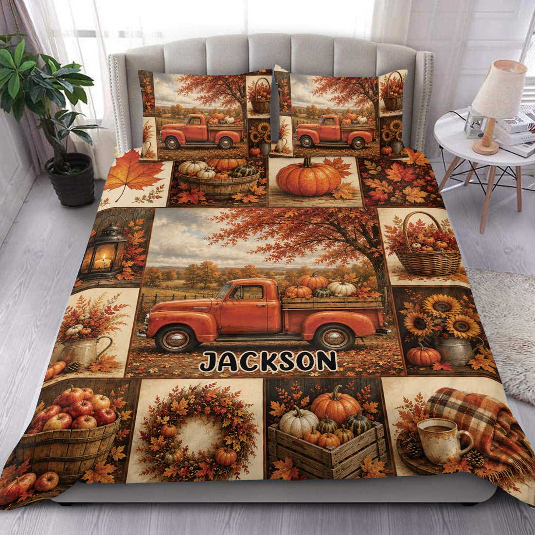 Autumn duvet cover set displayed on a bed with pickup truck, pumpkins, sunflowers, and falling leaves