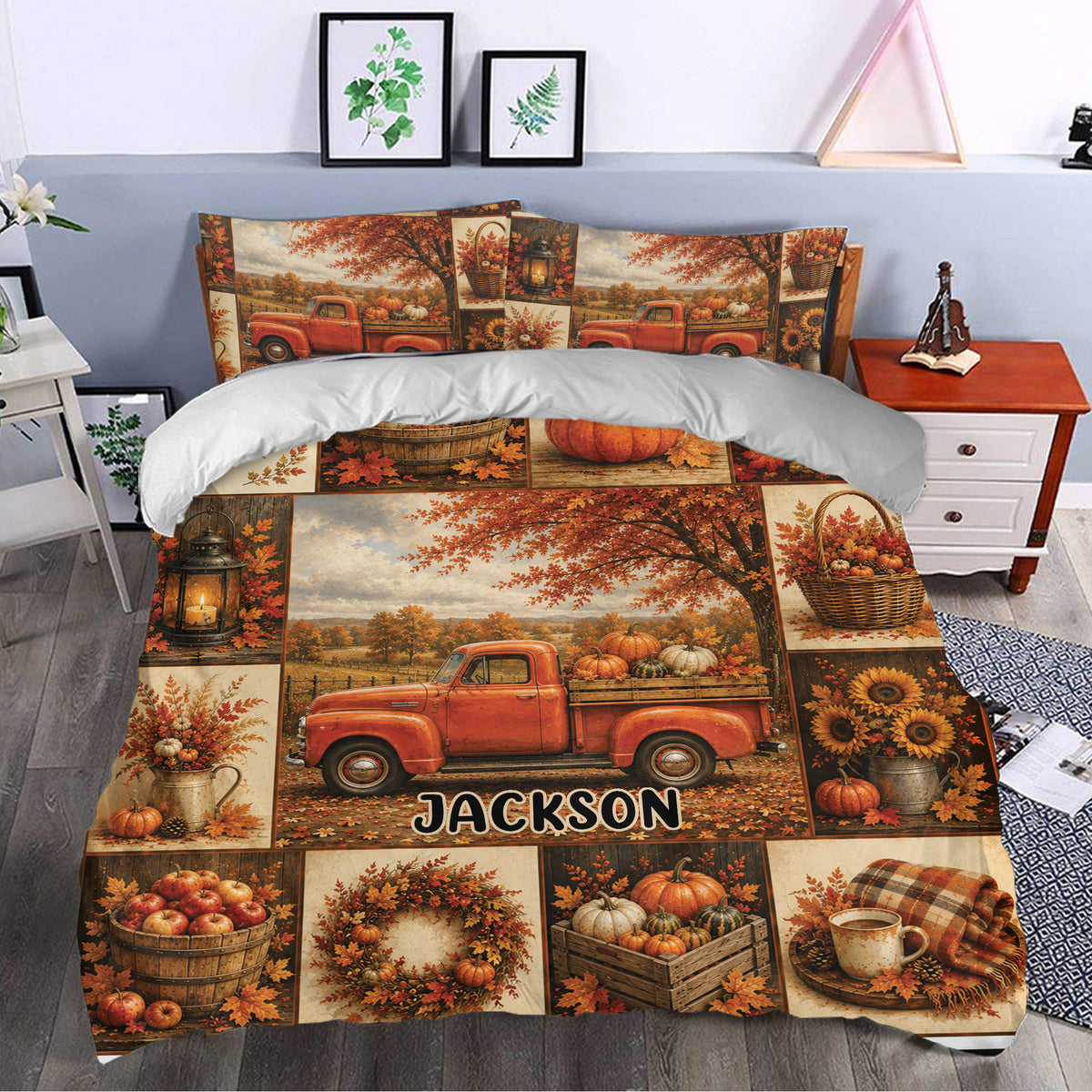 Rustic autumn duvet cover bedding set styled in a bedroom with pumpkins, leaves, and pickup truck artwork
