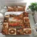 Autumn harvest duvet cover set displayed in a bright bedroom with pumpkins, sunflowers, and vintage truck art