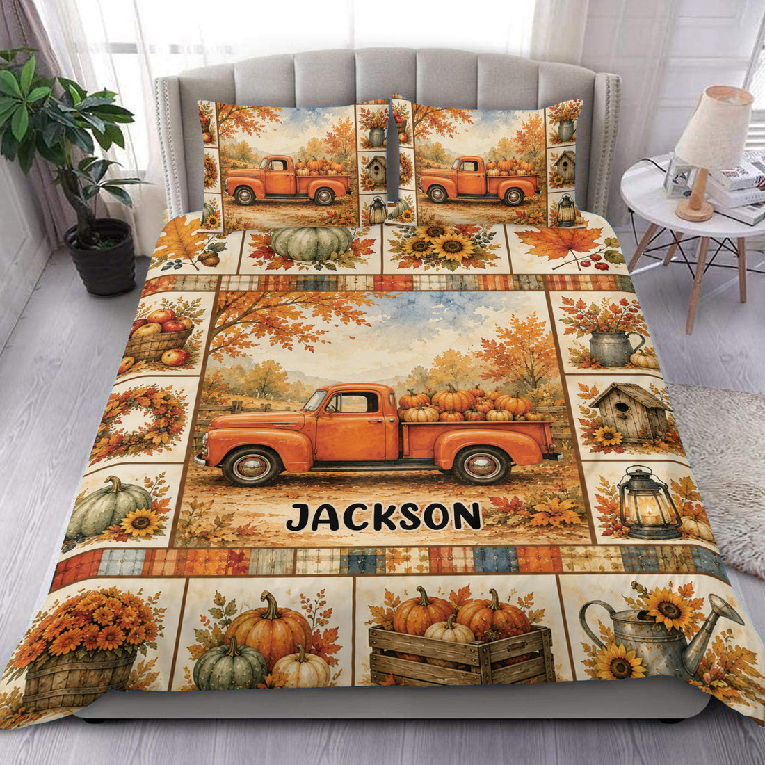 Autumn duvet cover set with rustic orange pickup truck, pumpkins, sunflowers, and harvest leaves
