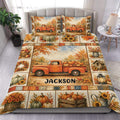 Autumn duvet cover set with rustic orange pickup truck, pumpkins, sunflowers, and harvest leaves