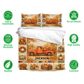 Autumn harvest duvet cover bedding set displayed with matching pillowcases and rustic truck artwork
