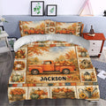 Rustic autumn duvet cover bedding set styled in a bedroom with pumpkins, leaves, and truck artwork