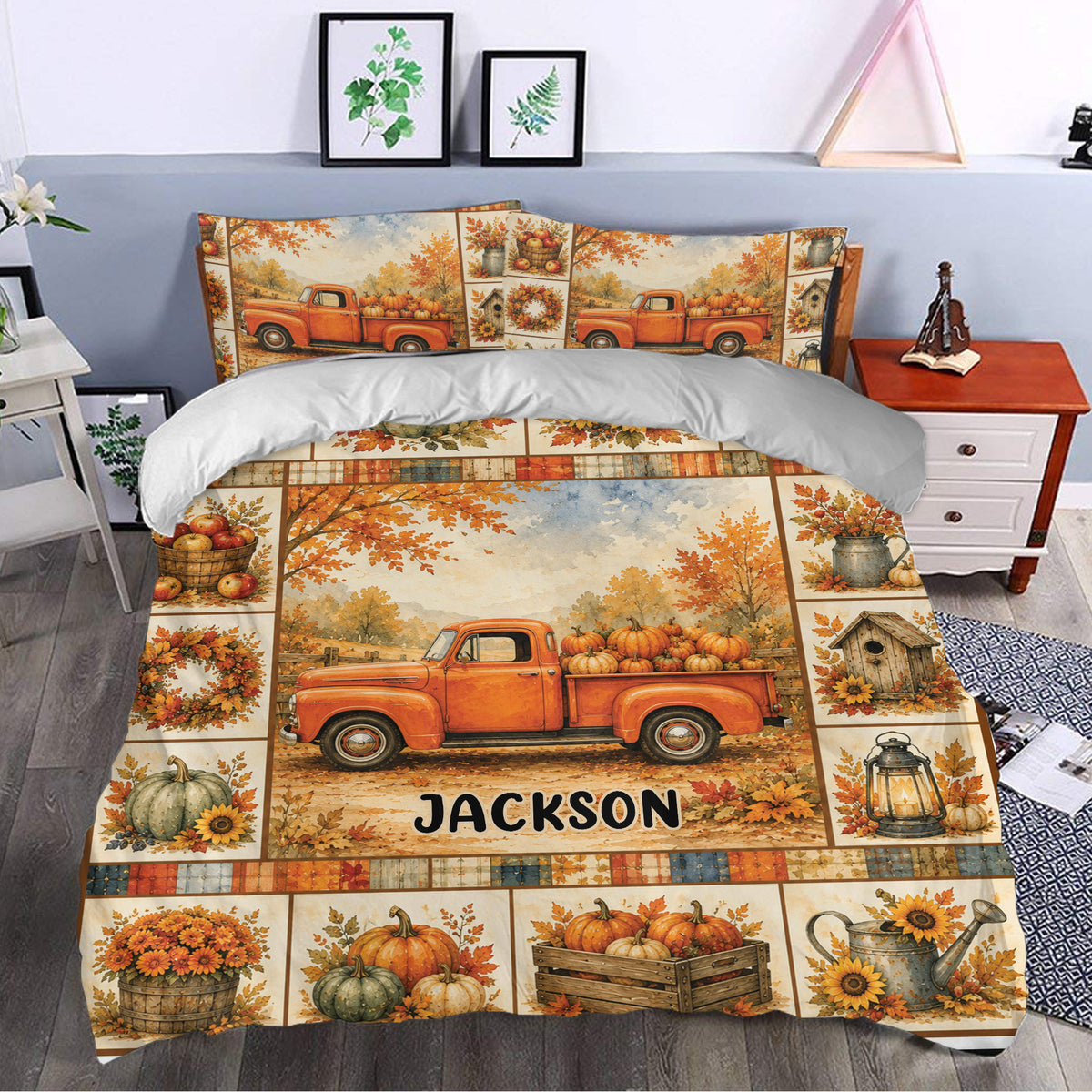 Rustic autumn duvet cover bedding set styled in a bedroom with pumpkins, leaves, and truck artwork