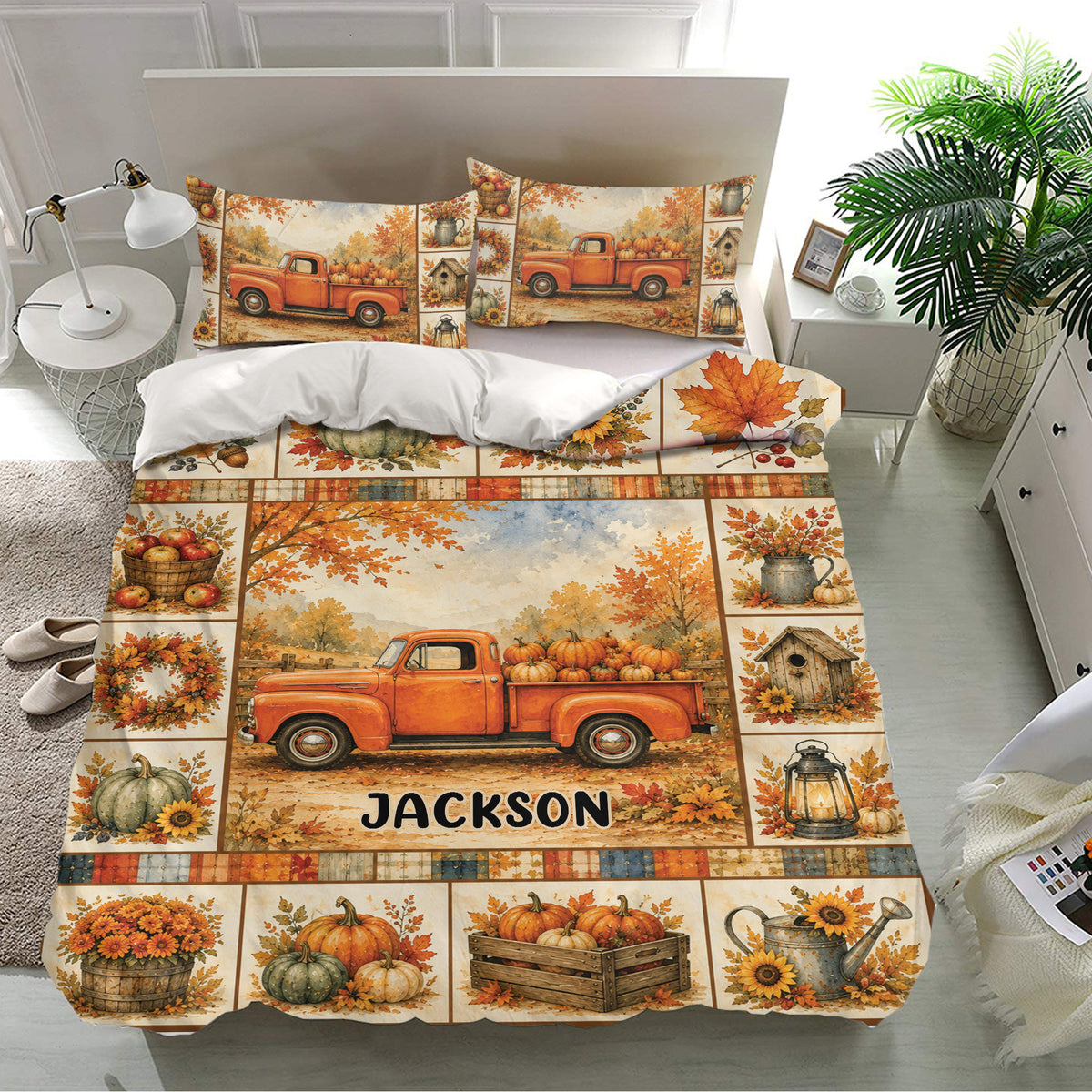Fall harvest duvet cover set featuring an orange pickup truck, pumpkins, sunflowers, and leaf panels