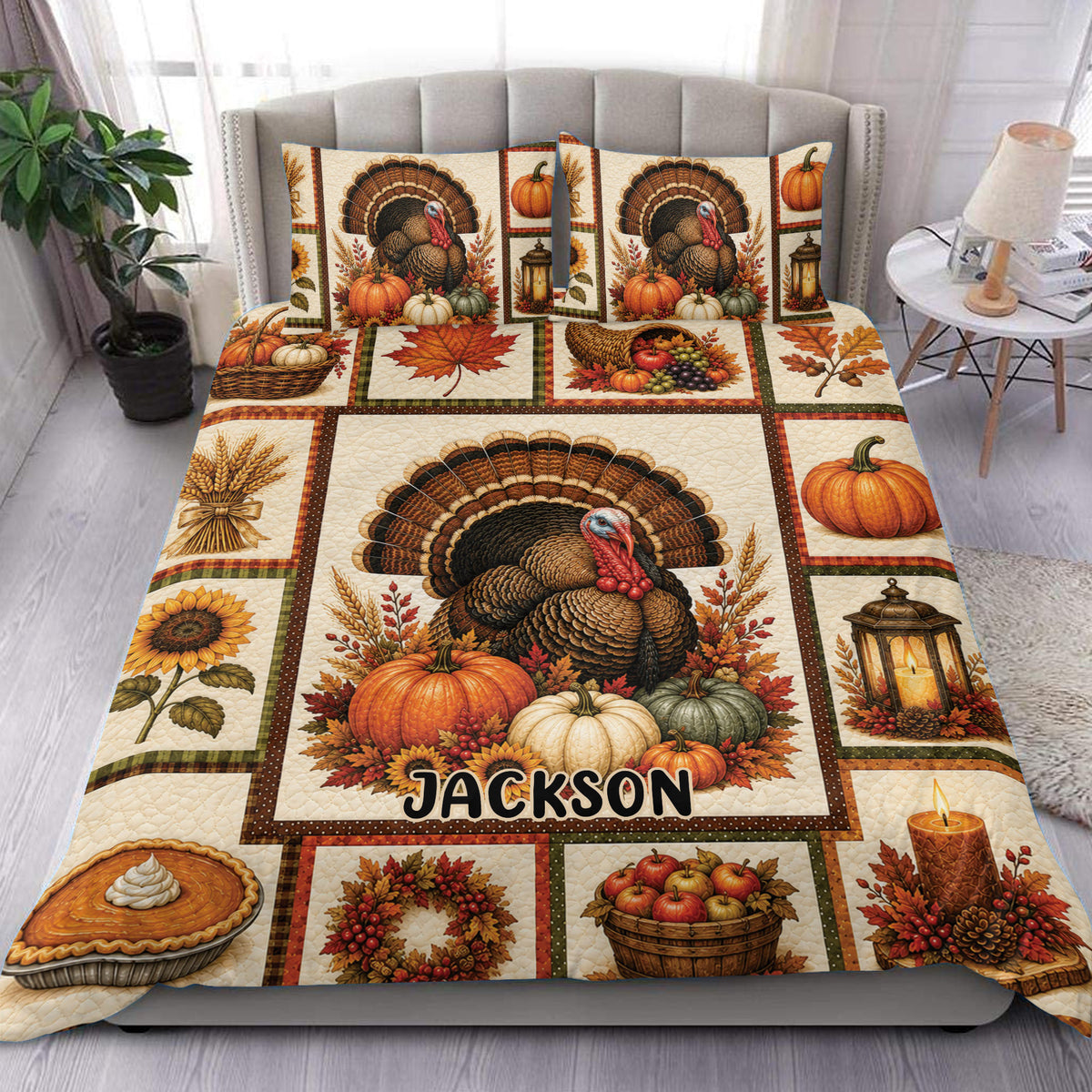 Thanksgiving duvet cover set with turkey, pumpkins, sunflowers, harvest foods, and autumn bedroom decor