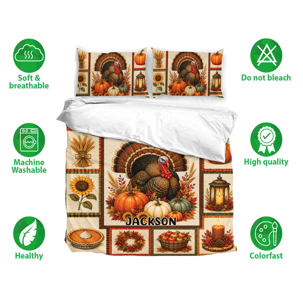 Thanksgiving duvet cover bedding set displayed with turkey artwork, matching pillowcases, and harvest colors