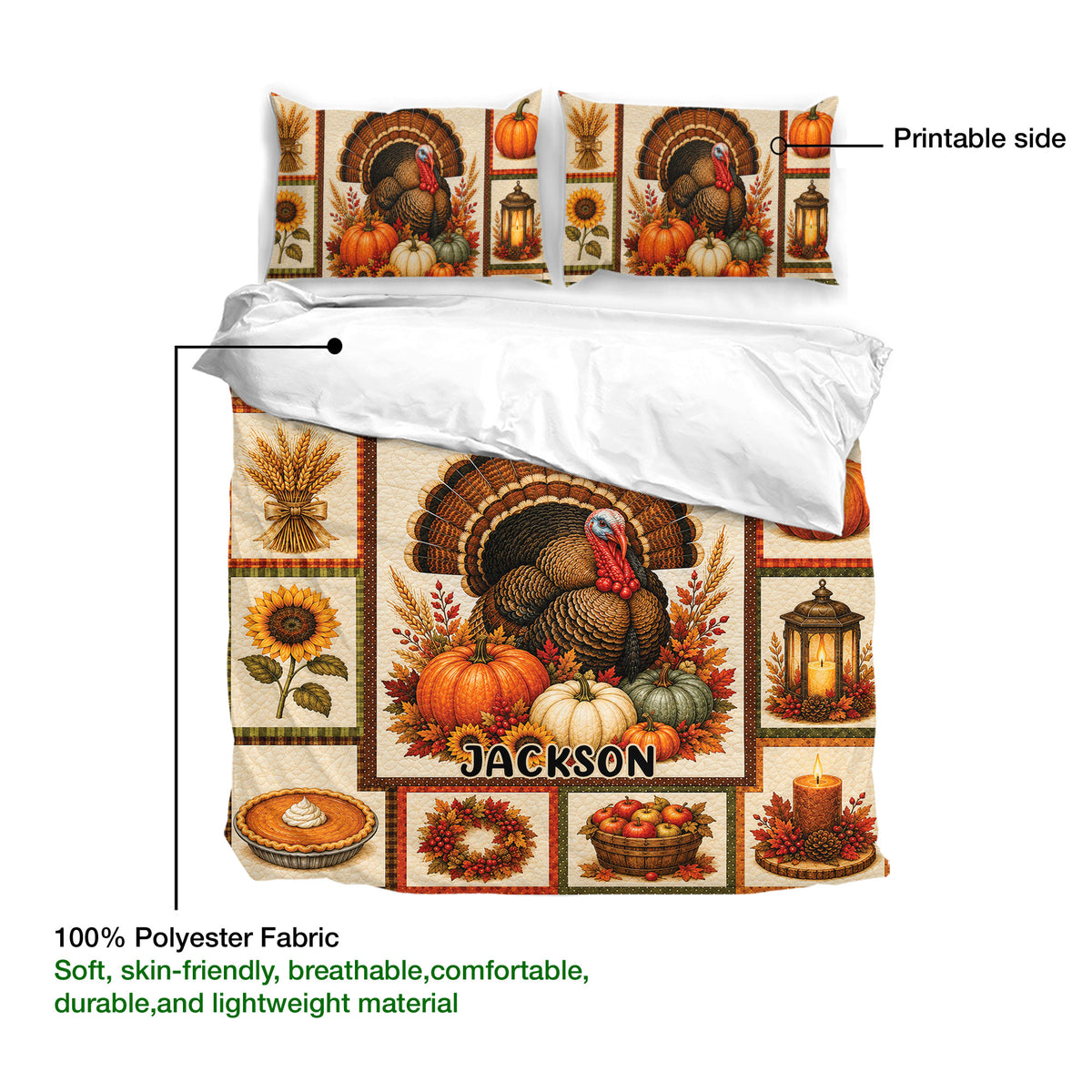 Thanksgiving duvet cover set product presentation showing the printed turkey and autumn harvest artwork