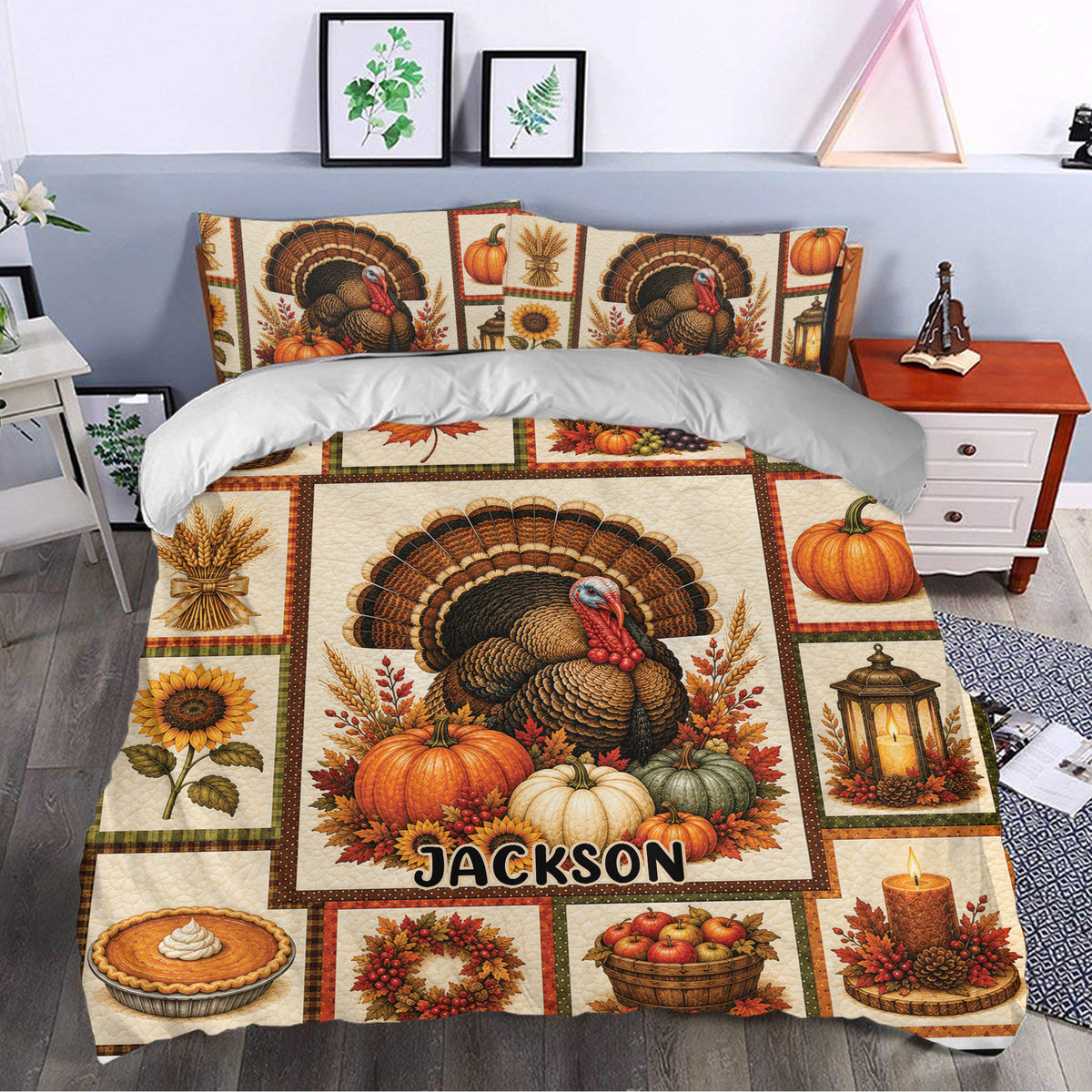 Thanksgiving duvet cover with turkey, pumpkins, sunflower, and lantern artwork styled in a cozy bedroom