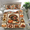 Fall Thanksgiving bedding set featuring turkey, pumpkins, autumn leaves, harvest basket, and matching pillows
