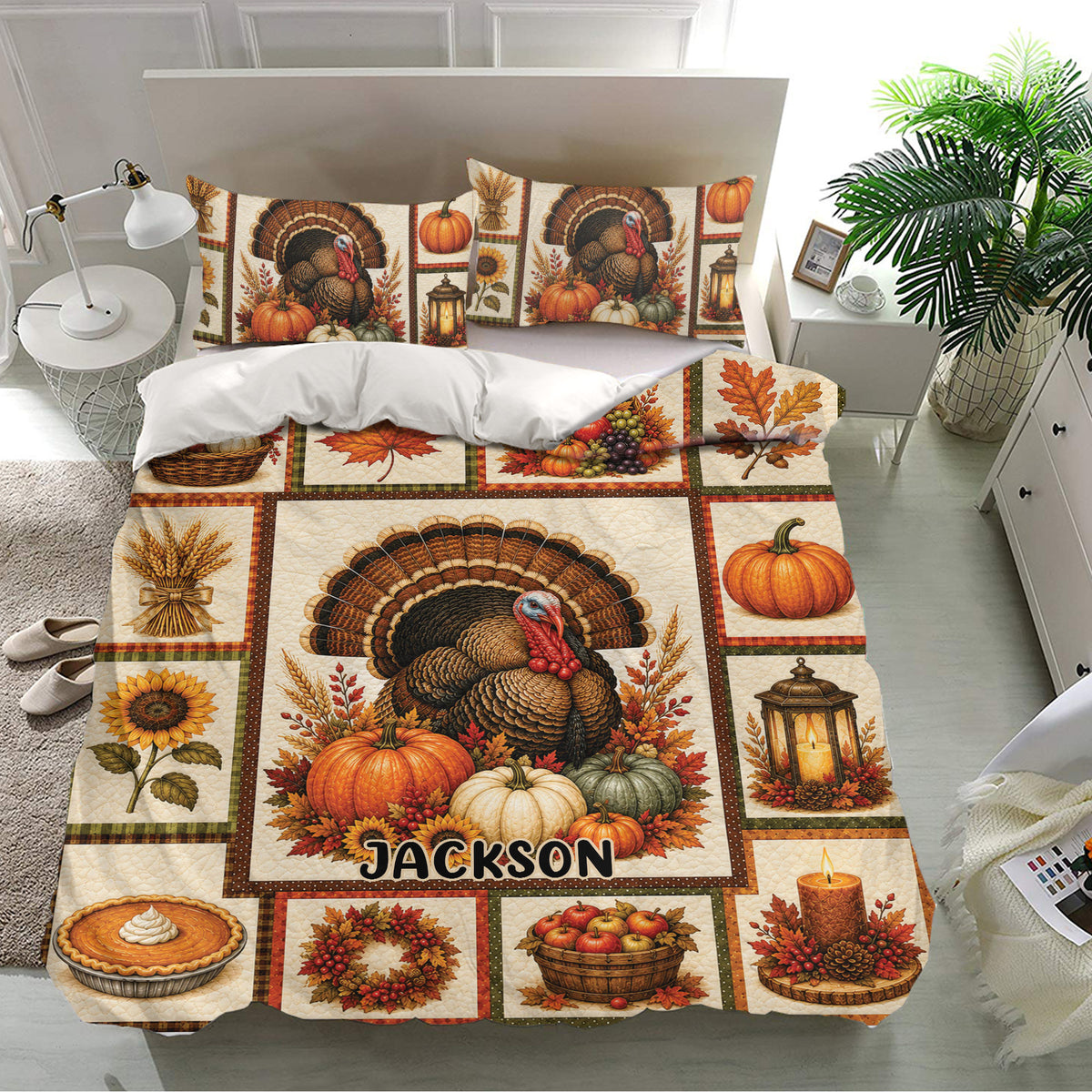 Fall Thanksgiving bedding set featuring turkey, pumpkins, autumn leaves, harvest basket, and matching pillows