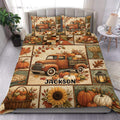 Thanksgiving duvet cover set displayed on a bed with a harvest truck, pumpkins, autumn leaves, and sunflower design