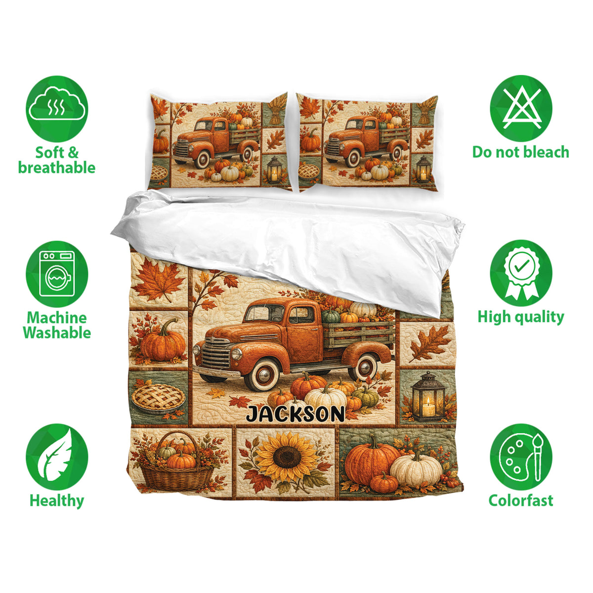 Thanksgiving bedding set with harvest truck artwork, pumpkin panels, autumn colors, and matching pillowcases