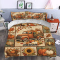Custom Thanksgiving duvet cover set styled in a bedroom with pumpkins, autumn leaves, harvest truck, and sunflower artwork