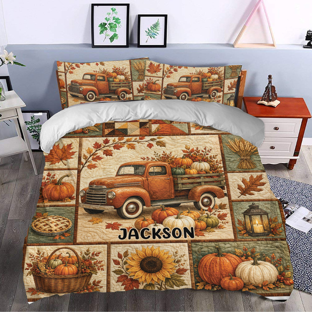 Custom Thanksgiving duvet cover set styled in a bedroom with pumpkins, autumn leaves, harvest truck, and sunflower artwork