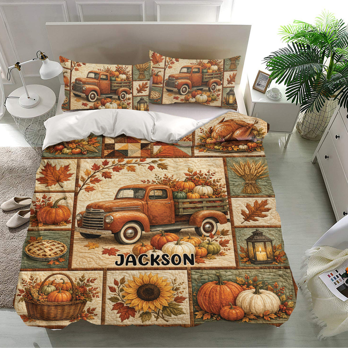 Fall Thanksgiving bedding set displayed on a modern bed with harvest truck, pumpkins, turkey, and autumn decor
