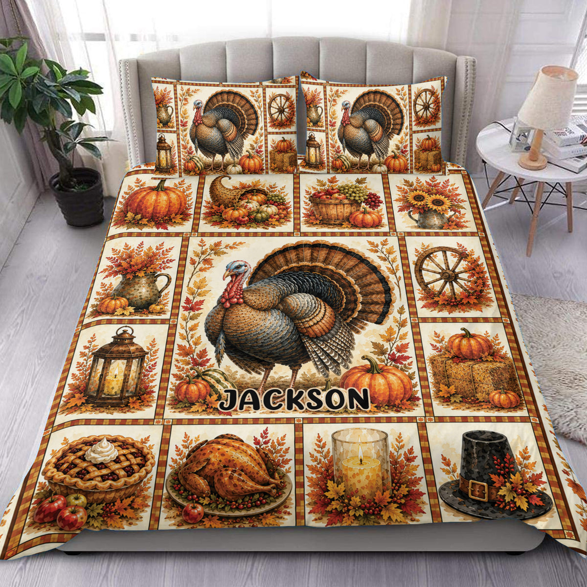 Custom Thanksgiving duvet cover set displayed on a bed with turkey, pumpkins, autumn leaves, and harvest scenes