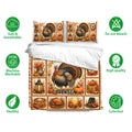 Thanksgiving bedding set with turkey artwork, pumpkins, autumn leaves, and matching pillowcases on a white background