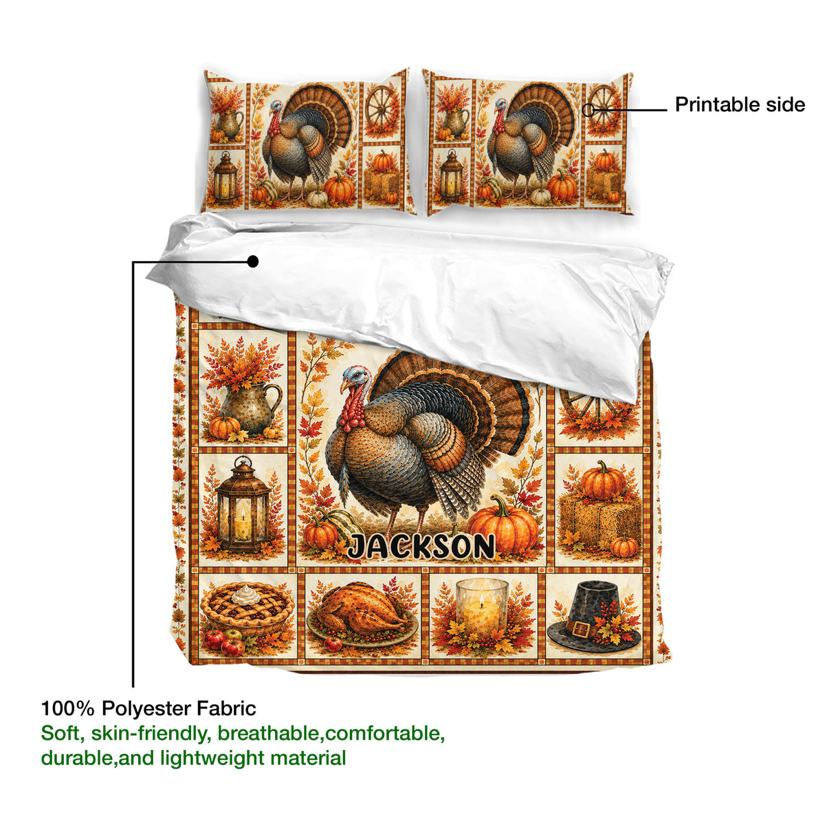 Thanksgiving duvet cover bedding set showing a turkey harvest design and printable front surface