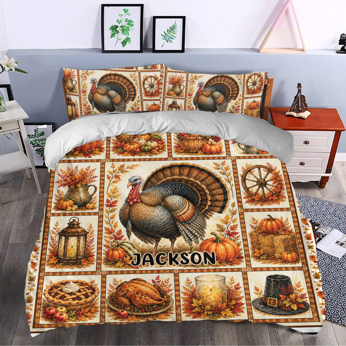 Thanksgiving duvet cover styled in a bedroom with turkey, pumpkin, harvest, and autumn leaf artwork