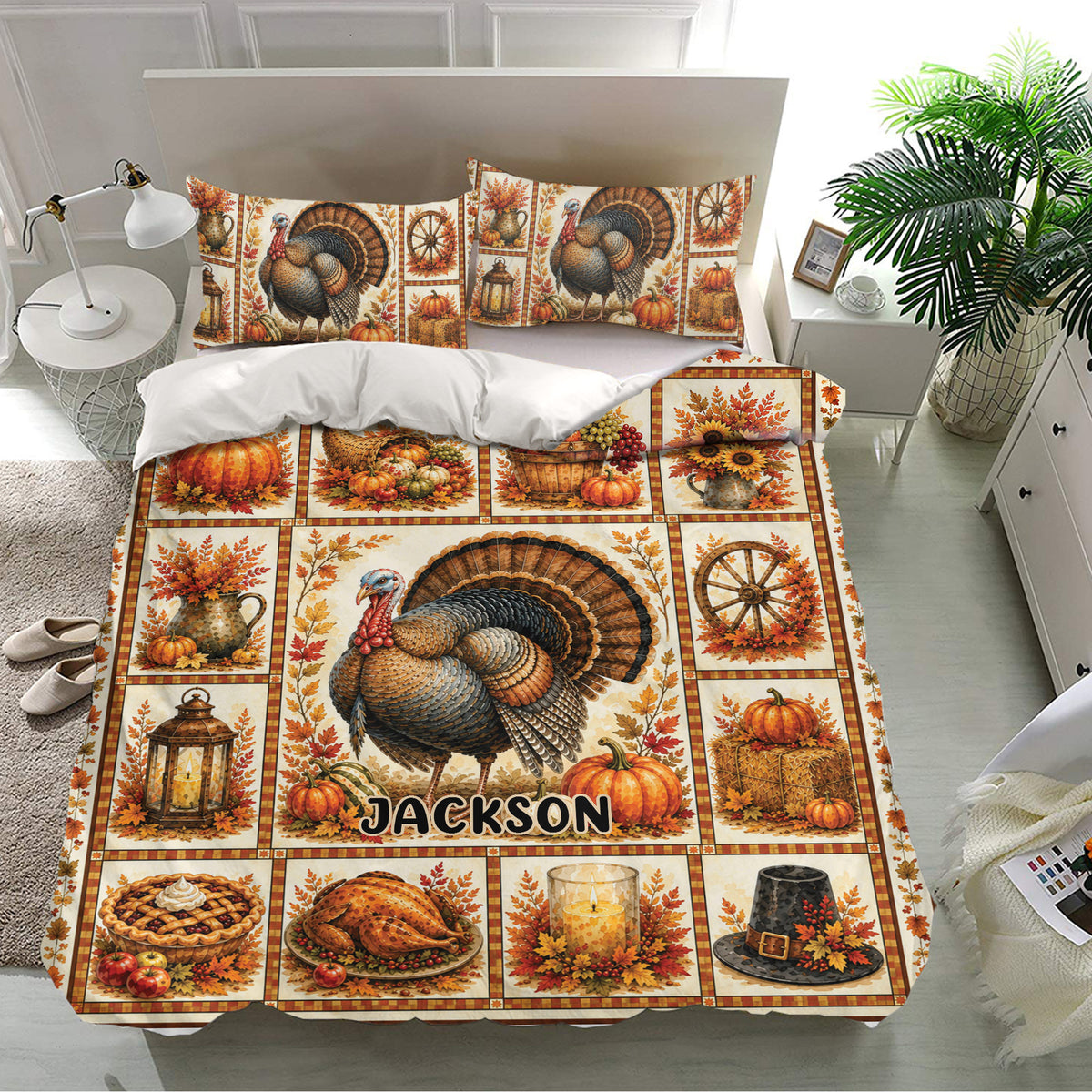 Thanksgiving bedding set displayed in a bright bedroom with turkey, pumpkins, sunflowers, and fall harvest panels