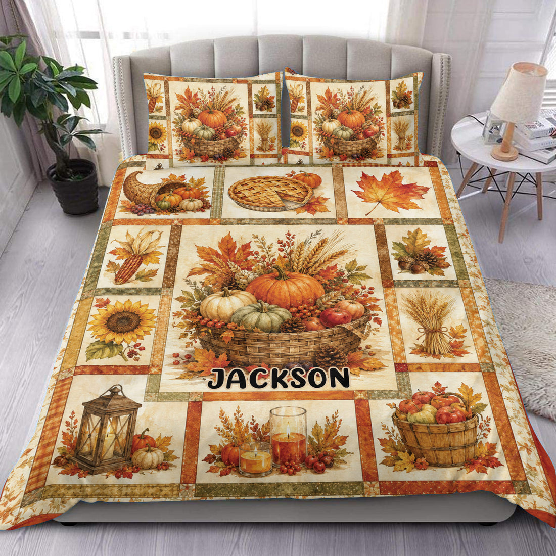 Thanksgiving duvet cover set with pumpkins, harvest baskets, autumn leaves, sunflowers, and custom design on a bed