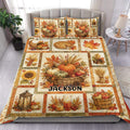 Thanksgiving duvet cover set with pumpkins, harvest baskets, autumn leaves, sunflowers, and custom design on a bed