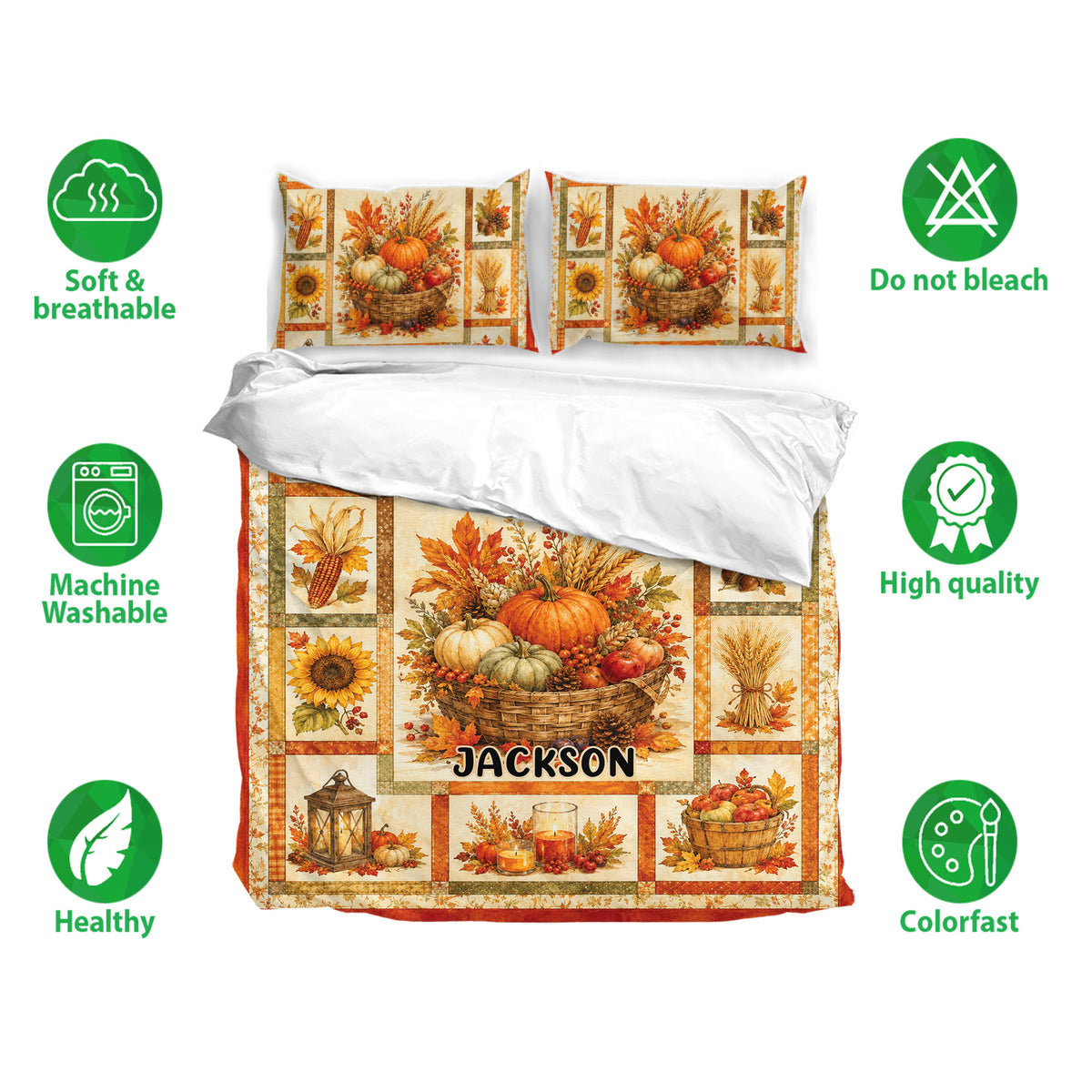Thanksgiving bedding set displayed with matching harvest-print pillowcases and warm autumn artwork
