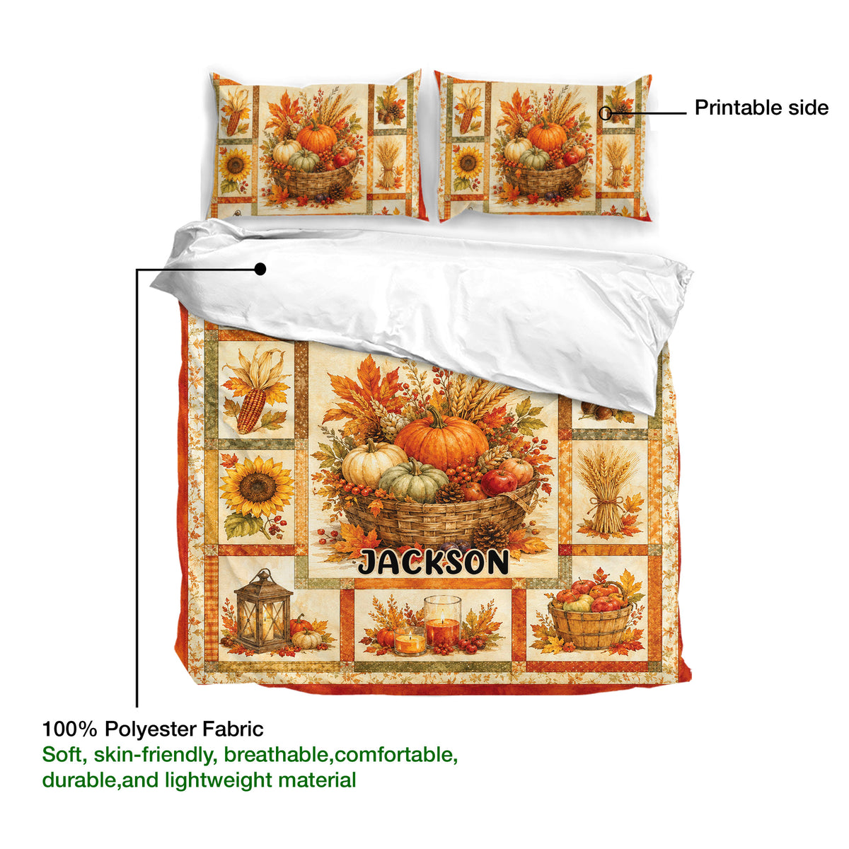 Thanksgiving duvet cover bedding set showing the printed side, soft fabric presentation, and harvest basket design