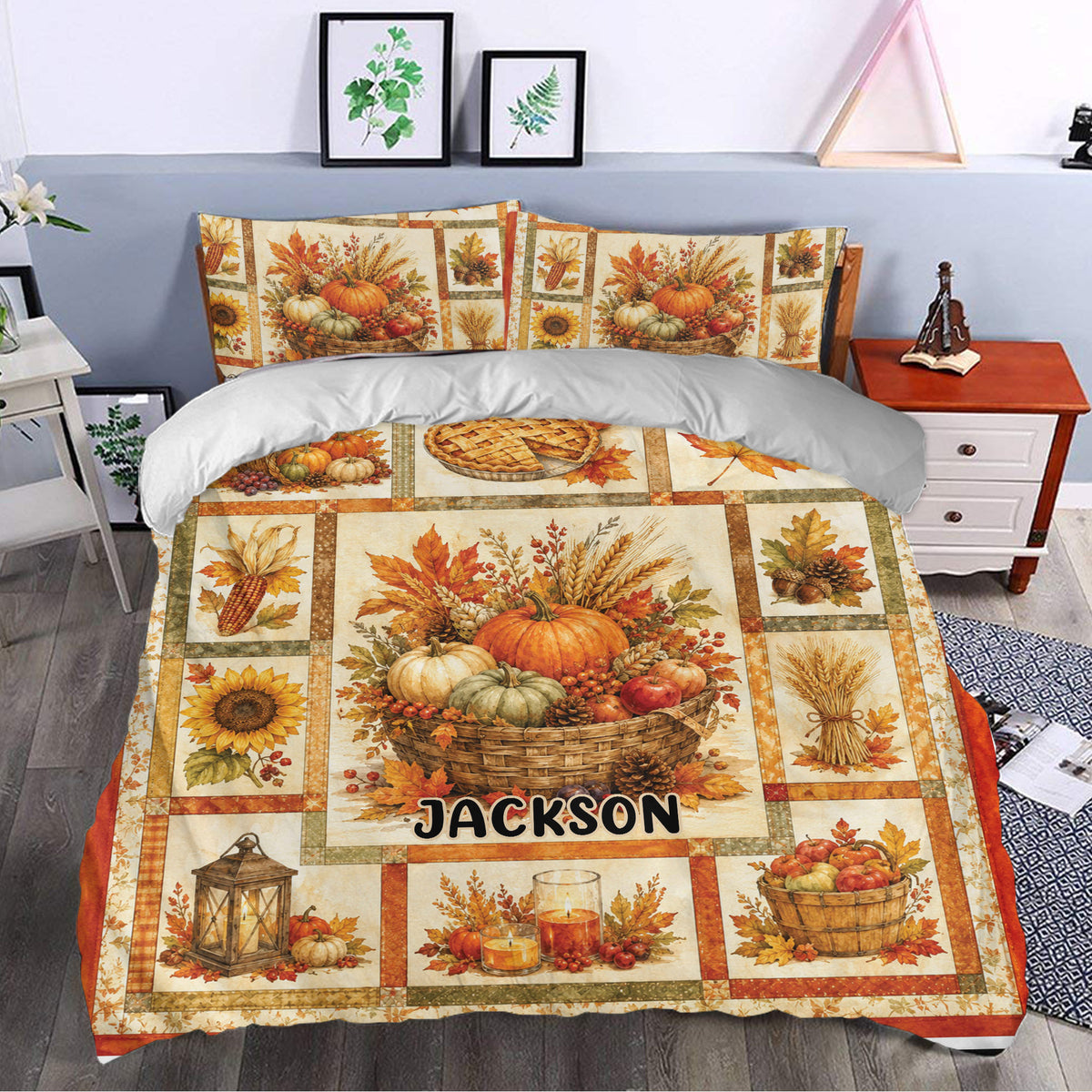 Thanksgiving duvet cover styled in a bedroom with pumpkins, sunflowers, wheat, leaves, and harvest basket artwork