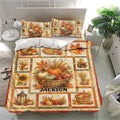 Autumn Thanksgiving bedding set in a bright bedroom featuring pumpkins, pie, leaves, sunflowers, and harvest details