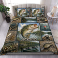 Custom fishing duvet cover set displayed on a bed with bass, lures, fishing gear, lake scenes, and boat artwork