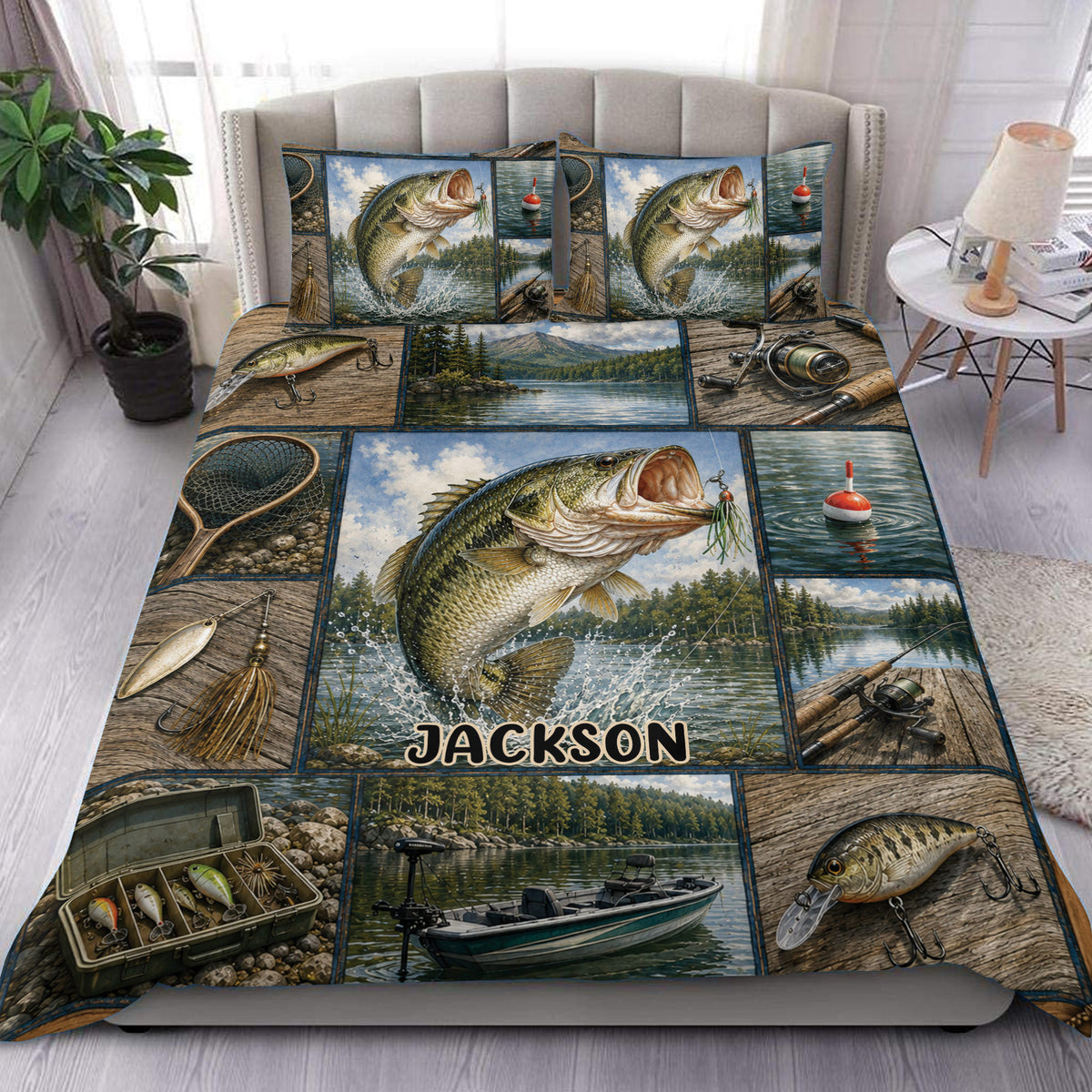 Custom fishing duvet cover set displayed on a bed with bass, lures, fishing gear, lake scenes, and boat artwork