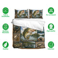 Fishing duvet cover bedding set shown with matching bass fishing pillowcases and soft breathable fabric features