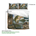 Fishing bedding set detail showing bass, tackle, lake scenery, printed side, and lightweight polyester fabric