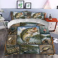 Fishing duvet cover set styled in a bedroom with bass, fishing lures, lake views, and matching pillowcases