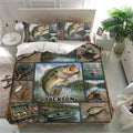 Bass fishing duvet cover bedding set presented in a bright bedroom with lake, boat, lure, and reel artwork