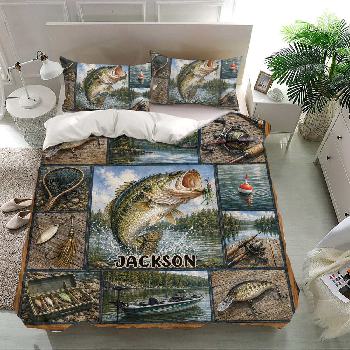 Bass fishing duvet cover bedding set presented in a bright bedroom with lake, boat, lure, and reel artwork