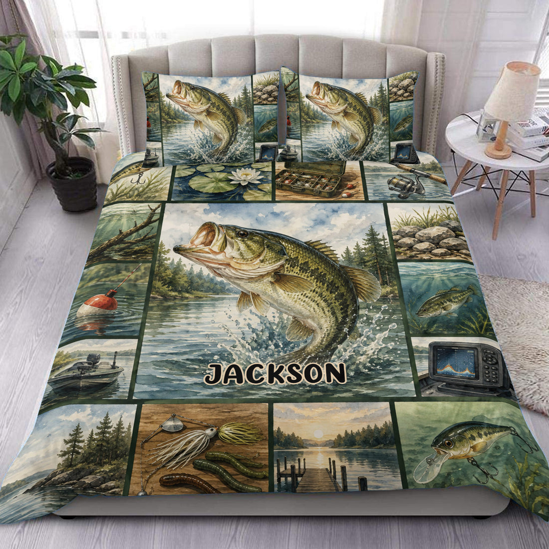 Fishing duvet cover set displayed on a bed with bass, lake scenes, fishing gear, and a custom center name