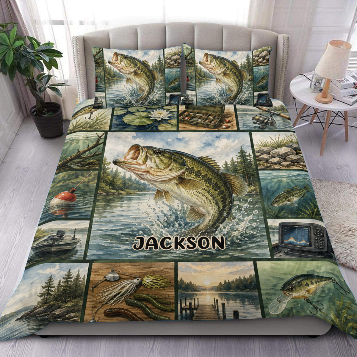 Fishing duvet cover set displayed on a bed with bass, lake scenes, fishing gear, and a custom center name