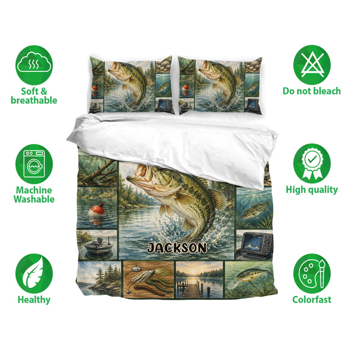 Fishing bedding set with bass lake artwork, matching pillowcase design, and soft breathable fabric highlights