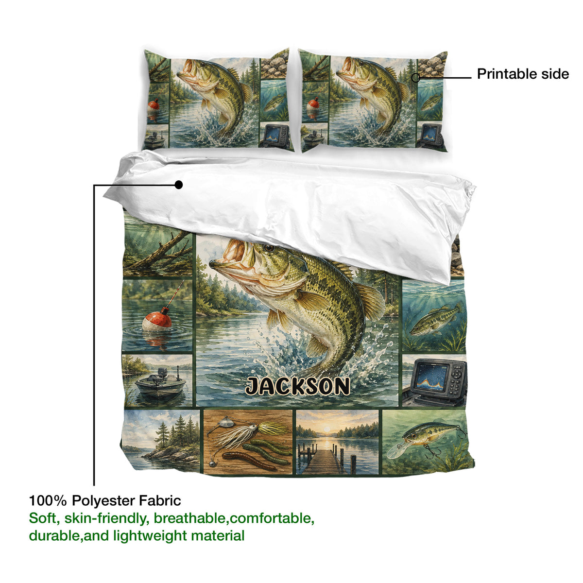 Fishing duvet cover set showing bass artwork, printable surface, and lightweight polyester fabric details