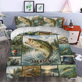 Bass fishing duvet cover styled in a bedroom with lake scenes, fishing gear, and custom center lettering