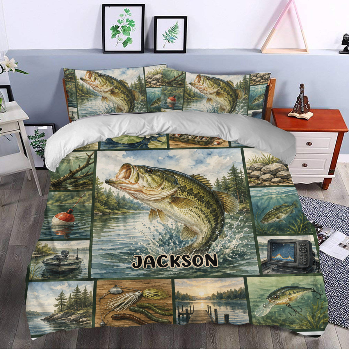 Bass fishing duvet cover styled in a bedroom with lake scenes, fishing gear, and custom center lettering