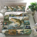 Fishing bedding set in a bright bedroom featuring bass, boats, lures, tackle, and scenic lake artwork
