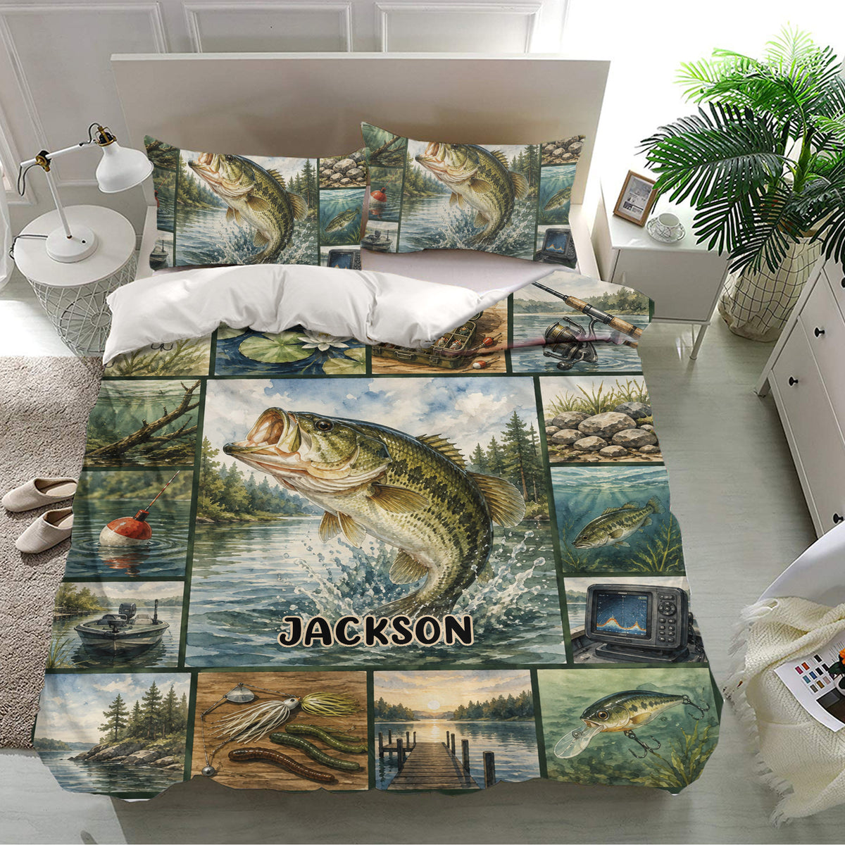 Fishing bedding set in a bright bedroom featuring bass, boats, lures, tackle, and scenic lake artwork
